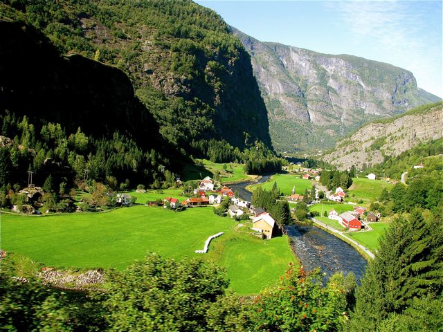 Stunning Norway fjord landscape river near Flam Railway on Norway in a Nutshell mountains & houses Stunning Norway fjord landscape river near Flam Railway on Norway in a Nutshell mountains & houses