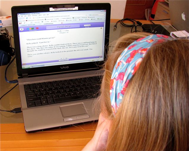 family travel girl on laptop reading books from Library e-books education