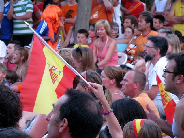 world cup celebrating crowd in Barcelona Spain flag world cup celebrating crowd in Barcelona Spain flag