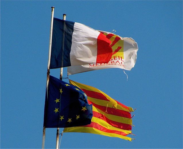 French flag, Catalan Flag and Europe Flag French flag, Catalan Flag and Europe Flag