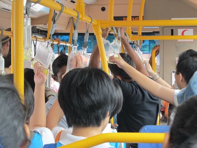 Hard on school kids to stand on crowded, lurching buses, but very hard on elderly who have to stand Hard on school kids to stand on crowded, lurching buses, but very hard on elderly who have to stand