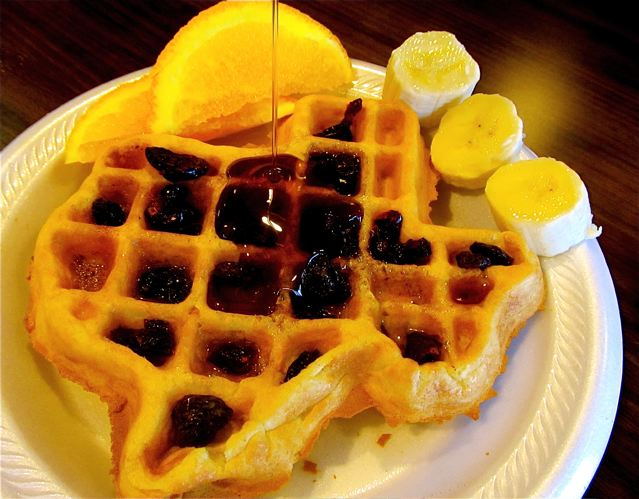 Hawthorn Suites Addison Galleria waffle breakfast shaped like Texas