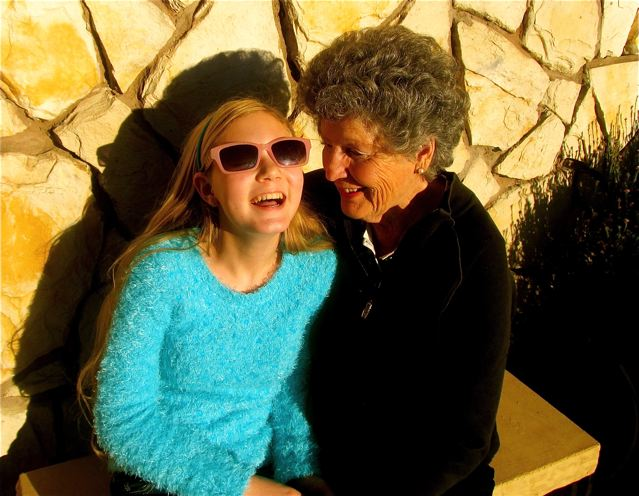 Mozart and Grandma laughing in the California sunshine